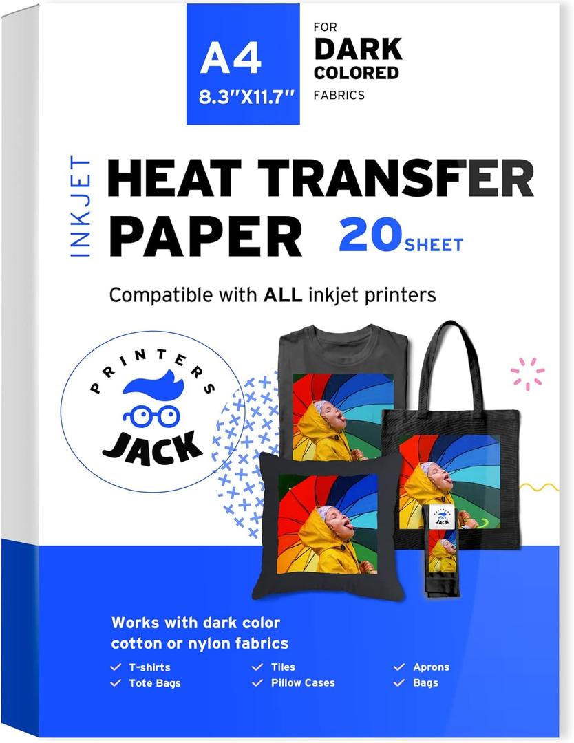 Printers Jack Iron-On Heat Transfer Paper for Dark Fabric 20 Sheet 8.3x11.7" T-Shirt Transfer Paper for Inkjet Printer Wash Durable, Long Lasting Transfer, No Cracking