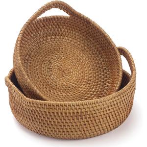 Rattan Storage Basket, Hand Woven Fruit Basket with Handles, Wicker Serving Basket, Bread Basket, Decorative Baskets for Organizing, Set of 2