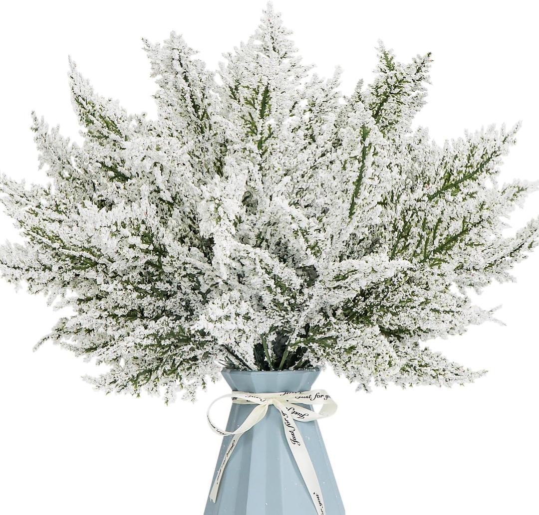 24PCS Artificial Pine Needles Branches 12.4" Christmas Greenery Stems Green Plants Fake Pine Sprigs Faux Pine Leaves Picks Crafts Sprays for Xmas Tree DIY Wreaths Garlands Home Decoration (24, Snow)