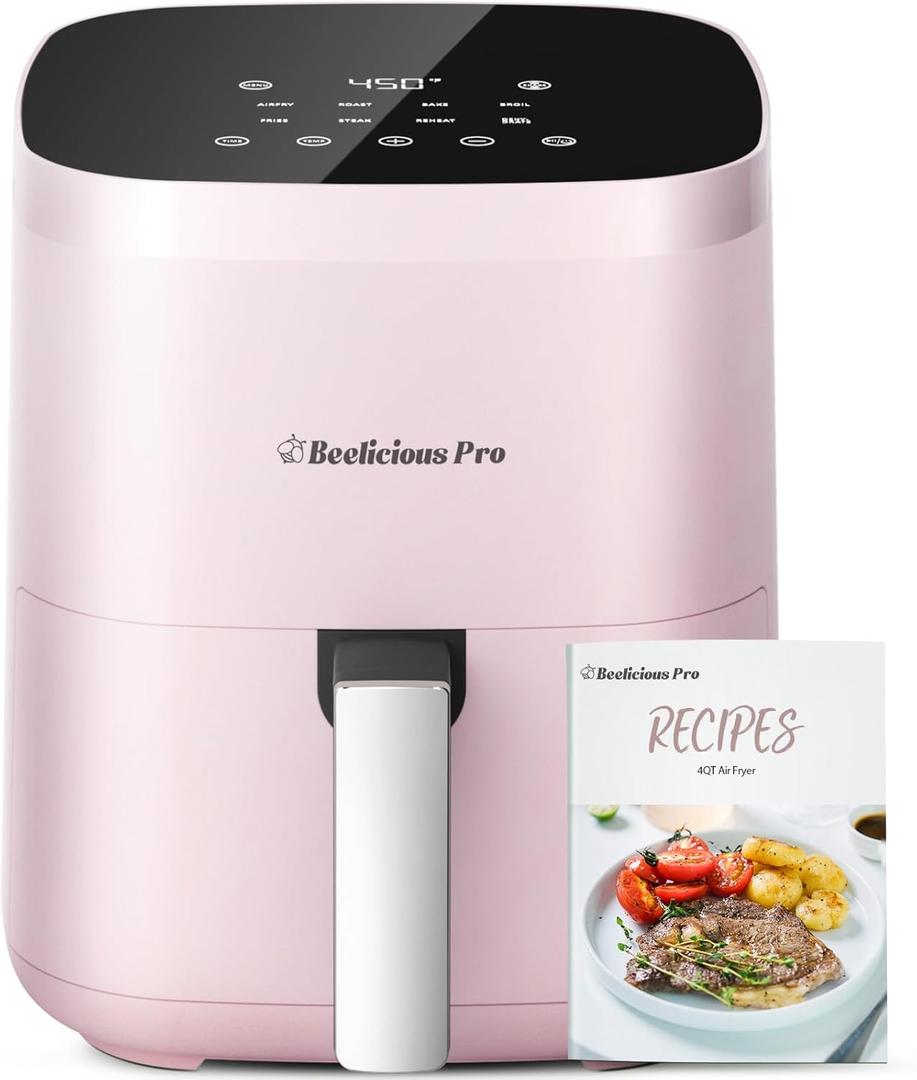 Air Fryer, Beelicious 8-in-1 Smart Compact 4QT Air Fryers, Shake Reminder,450F Digital Airfryer with Flavor-Lock Tech, Tempered Glass Display, Dishwasher-Safe & Nonstick, Fit for 1-3 People, Pink