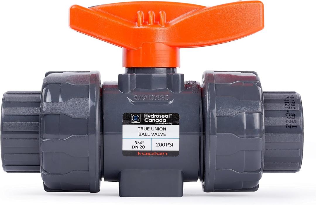 Kaplan 3/4" PVC True Union Ball Valve with Full Port, ASTM F1970, EPDM O-Rings and Reversible PTFE Seats, Rated at 200 PSI @73F, Gray, 3/4 inch Socket (3/4")