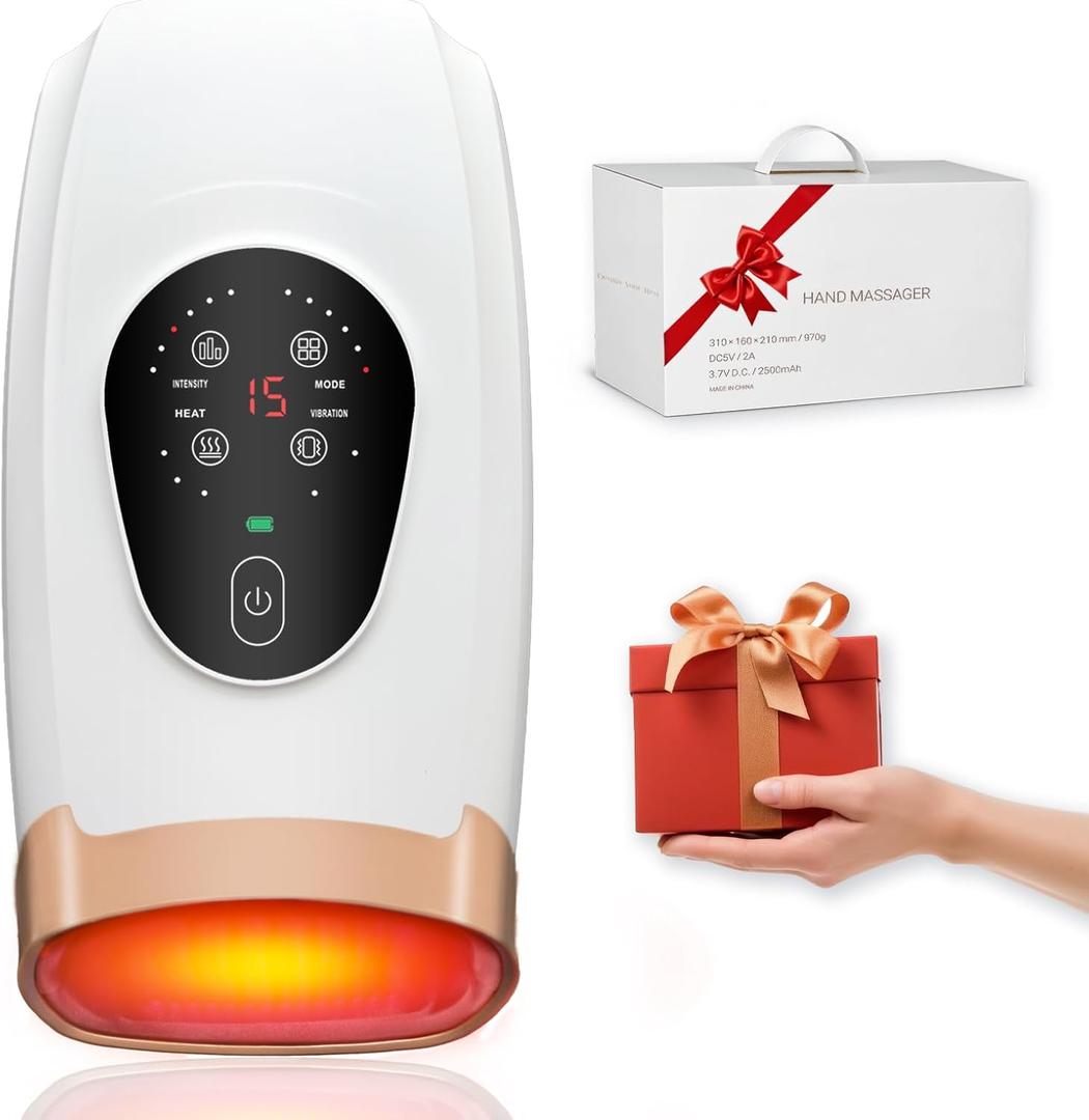 Hand Massager for Arthritis and Carpal Tunnel Relief, Cordless Hand Massager with Heat and Compression, 6 Modes, 6 Intensities, 3 Heat Levels, Gifts for Women & Men, White