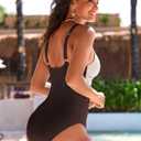 Pink Queen Women One Piece Swimsuit 2026 Patchwork Twist Front V Neck Ruched Tummy Control Swimwear Bathing Suits (Brown, M)