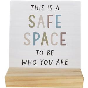 Mental Health Wooden Sign, Safe Space Quote, 4 x 5.5 Inches, Modern, Tabletop Mount, Words & Quotes, Home & Office Decor, Gift (White, Brown)