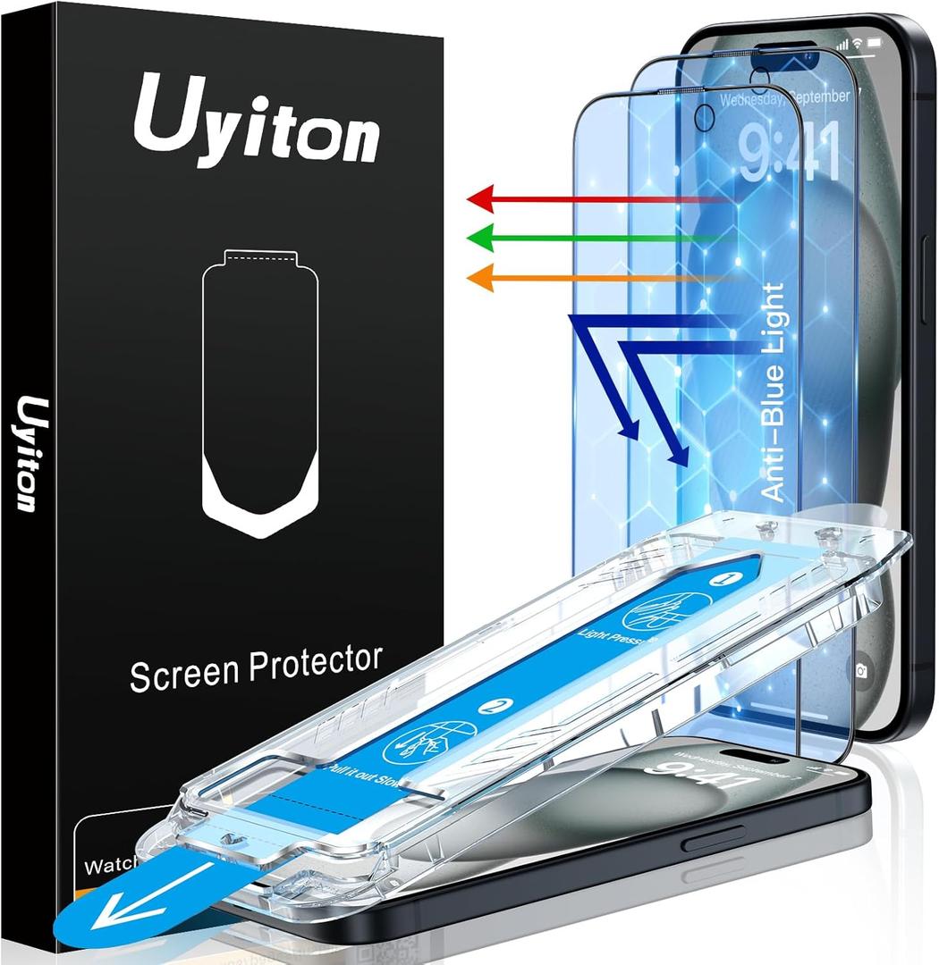 Uyiton Anti-Blue Light for iPhone 15 Plus Screen Protector - Unbreak-Glass Easy to Install Full Coverage Case Friendly Scratch Resistance 9H Tempered Glass Screen Protector for iPhone 15 Plus, 2 Pack
