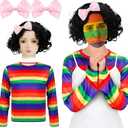 Mepase 4 Pcs Halloween Book Character Costumes Accessories for Women Rainbow Striped Shirt Black Short Curly Wigs and Pink Bow Hairpin Costume Adult Cosplay Dress Kit