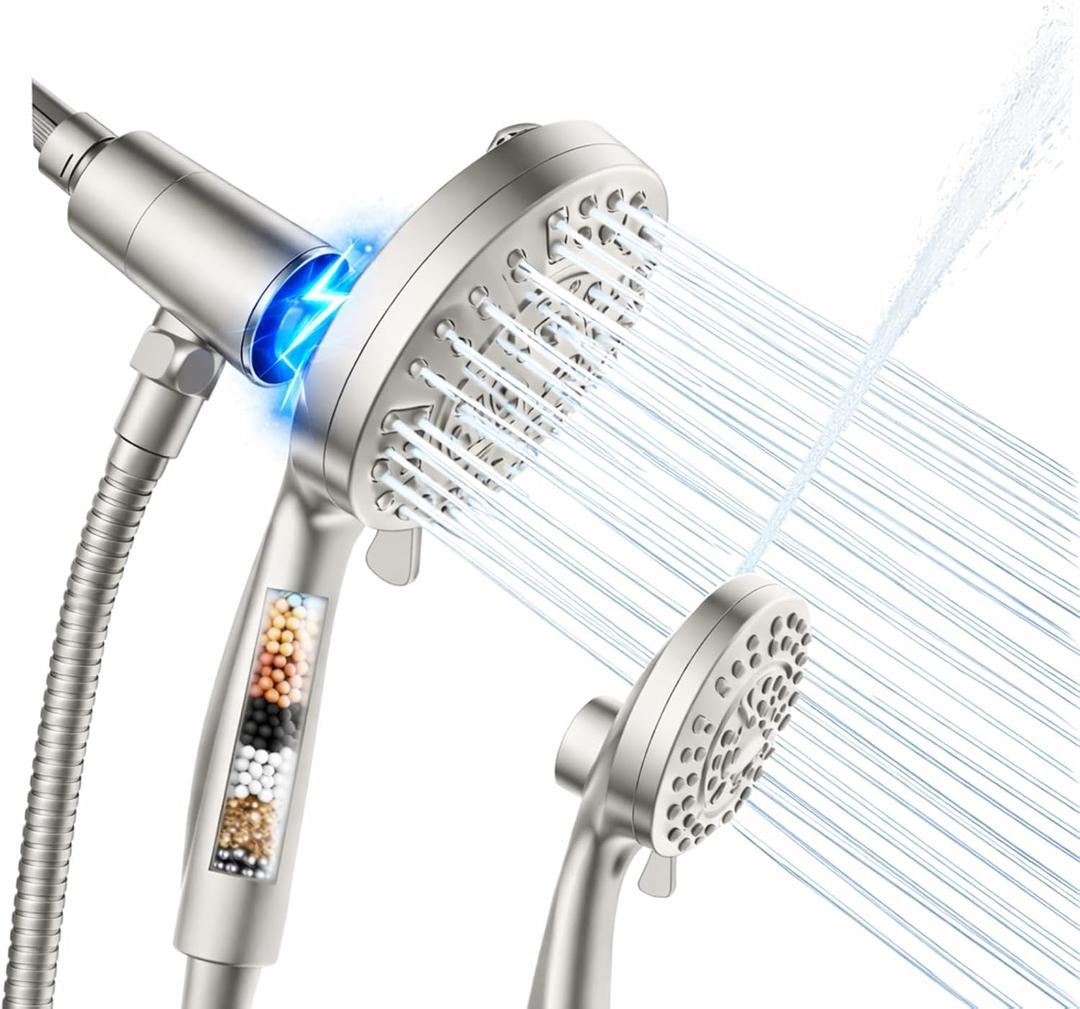 Handheld Shower Head with Filter, High Pressure 10-Spray-Mode Detachable Shower Head with 60-Inch Hose, Powerful Hand Held Shower Head for Low Water Pressure(Nickel)