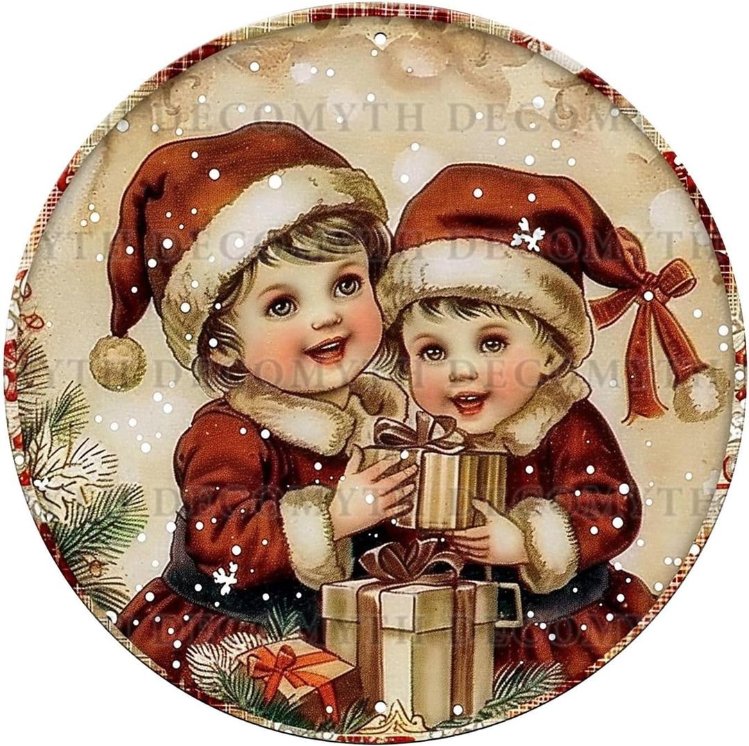 Round Metal Sign Christmas Wreath Vintage Festive Art Farmhouse Decor for Home Kitchen Bar Cafe Bedroom 12 * 12inch