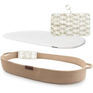 XL Reinforced Baby Changing Basket with Extra Travel Diaper pad, Foldable Baby Changing Pad with Water Repellent Cover, Cotton Rope Baby Basket, Changing Table Topper for Dresser (Brown)
