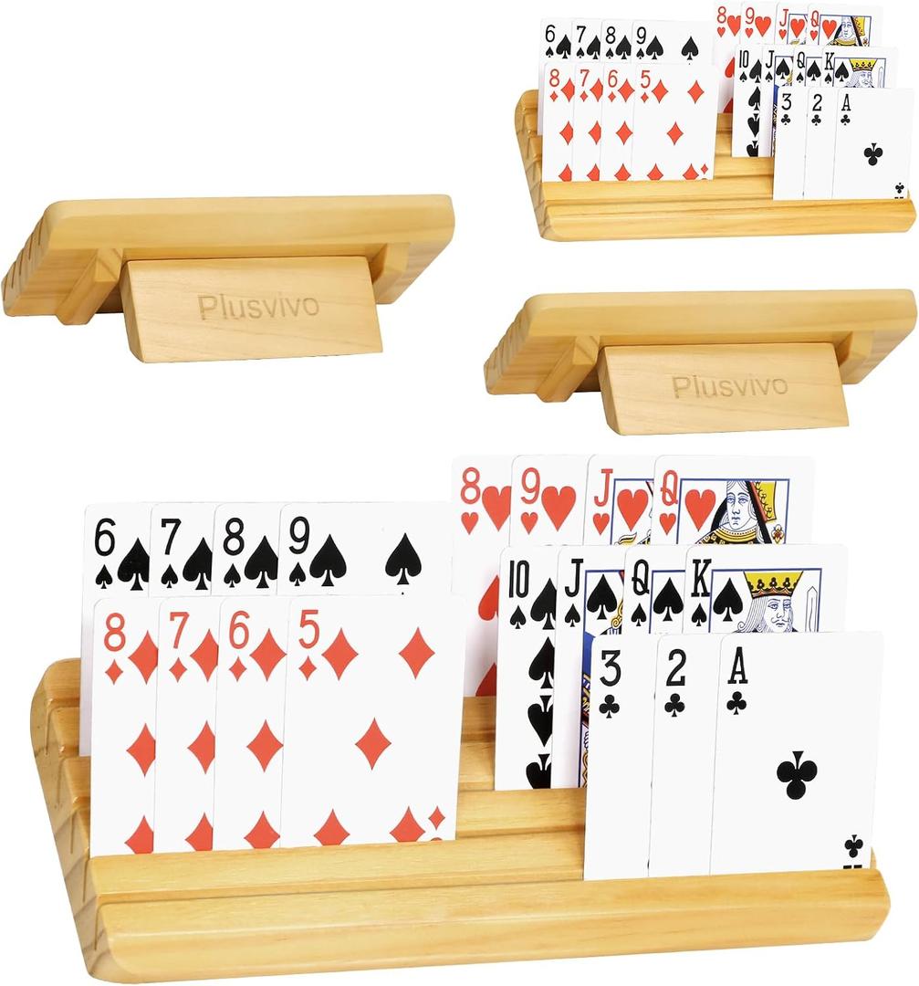 plusvivo Card Holders for Playing Cards with Adjustable Stand Set of 4, Playing Cards Holders Organizer for Adults Seniors Kids, 5 Slots Wooden Card Holder for Canasta Hand and Foot Bridge