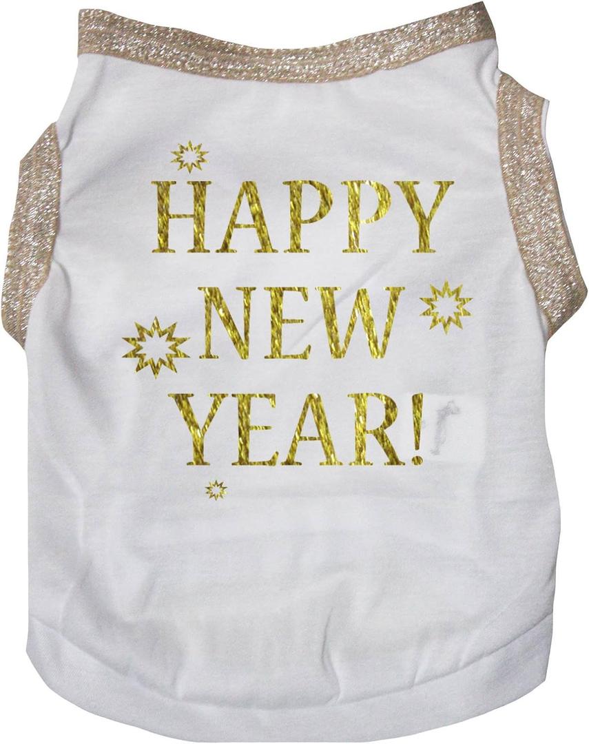 Petitebella Bling Happy New Year Puppy Dog Shirt (White/Gold, Small)