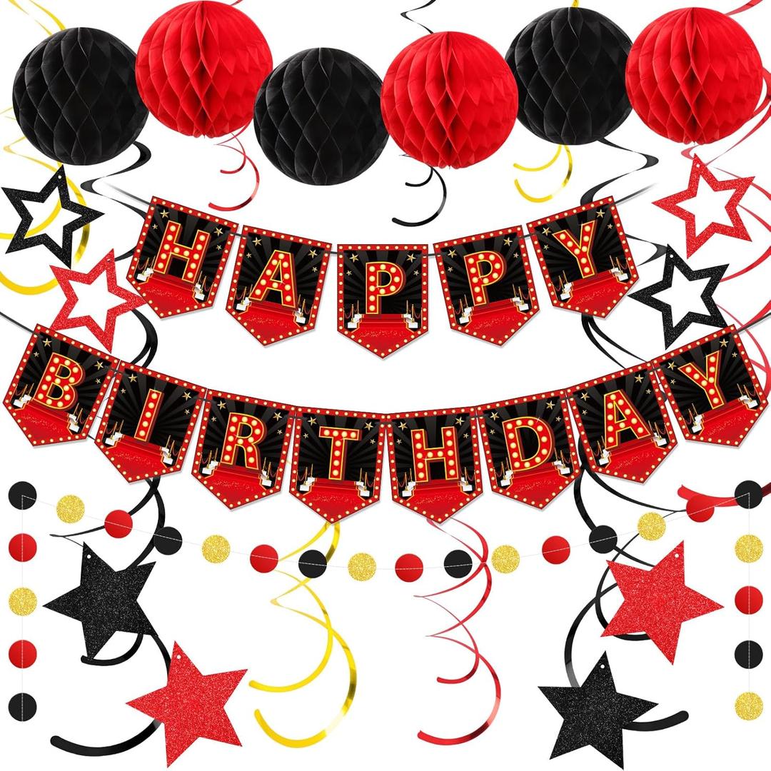 Soulchen 24 Pcs Movie Night Theme Happy Birthday Banner Decorations Movie Night Theater Party Supplies Honeycomb Hanging Swirls for Home Film Birthday Party Red Carpet Decor