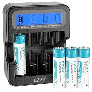 Rechargeable Lithium 1.5V Batteries with Black LCD Fast-Charger (Pack of 4)