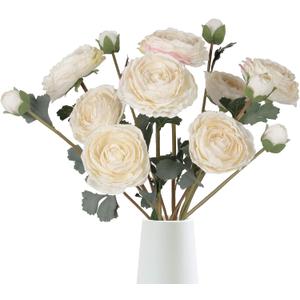 White Ranunculus Artificial Flowers 4PCS Vintage Artificial Peonies Silk Flowers with Stems for Wedding Bouquets Party Home Table Centerpiece Arrangement(White)