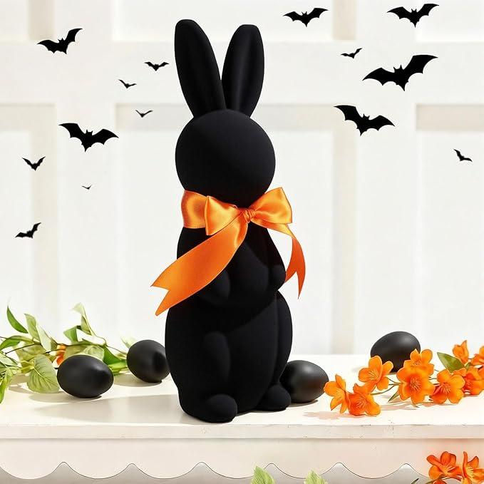 Fiwochic Ghotic Bunny Decorations Black Flocked Bunny Figurines with Bow Tie 11.8 in Velvet Rabbit Tabletop Mantel Decorations for Home Centerpieces Halloween Party Decor