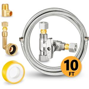 Dishwasher Hose Installation Kit - Includes Water Supply Line, 3/8" Compression Water Line Splitter, 3/4" FHT Elbow, and 3/8" MIP Elbow (10 FT)
