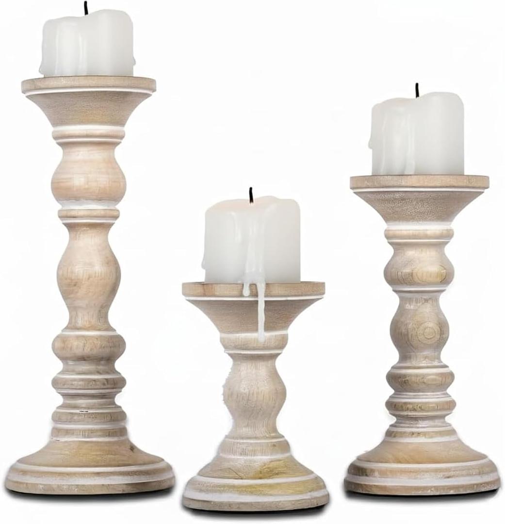 Mela Artisans Mango Wood Pillar Candle Holders Set of 3, Hand-Carved Whitewashed Decorative Candles for Living Rooms, Centerpieces & Mantel Decor