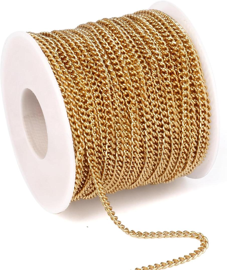 33 Feet 18K Gold PVD Plated Stainless Steel Curb Chain Bulk, 2mm 304 Stainless Steel Flat Twisted Link Chains Roll Spool for Jewelry Making Necklace DIY Craft