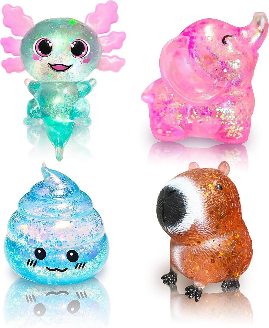 4 Pack Sugar Squishy Stress Ball Fidget Toys, Cute Elephant Capybara Axolotl Poop Squishy Toys Super Soft Sugar Balls Animals Squishies for Anxiety Relief Birthday Classroom Prizes