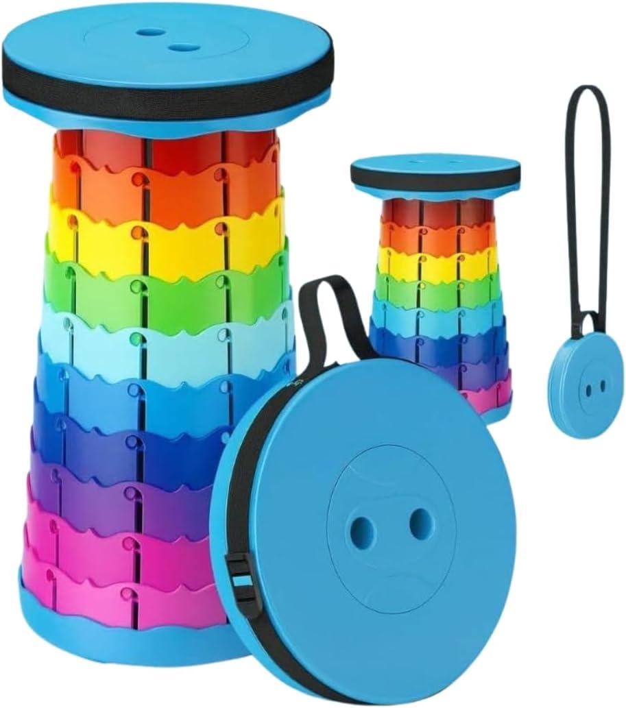 AMPMG Portable Collapsible Stool  Adjustable Height Folding Stool for Camping, Hiking, Fishing, BBQ, Travel, Outdoor Use Lightweight, Heavy-Duty Support, Portable Seat with Carry Strap (Rainbow)