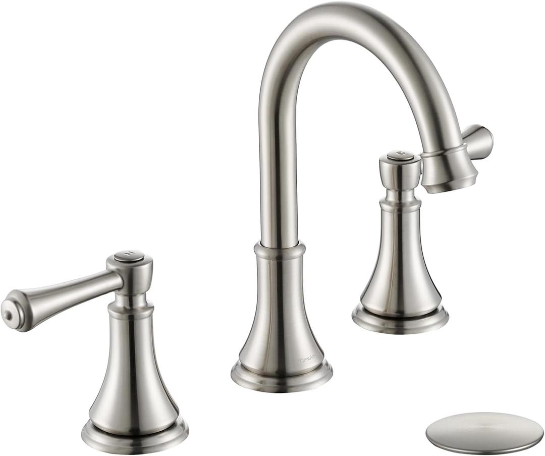 2 Handle 8 inch Widespread Bathroom Sink Faucet Brushed Nickel with Pop-Up Drain, High Arc Modern Bathroom/Vanity/Lavatory Faucet 3 Holes with Brass 360 Swivel Spout, TAF830Y-BN