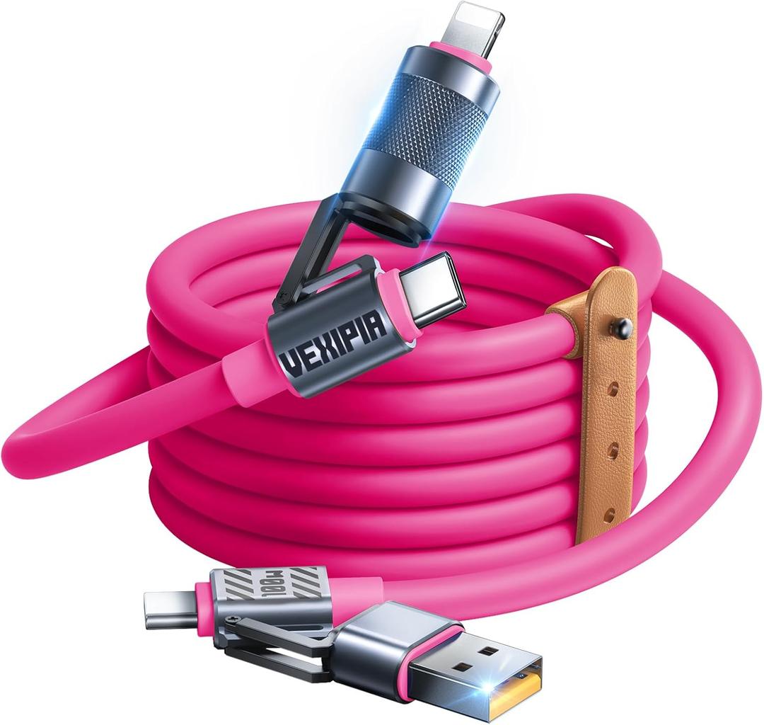 100W 4-in-1 USB C Cable Fast Charging [480Mbps Data Sync] Charger Cord, Multi Charging Cable with L/Type C/USB A Port, 5ft Pink (SHEZI Series) (5FT, Pink)