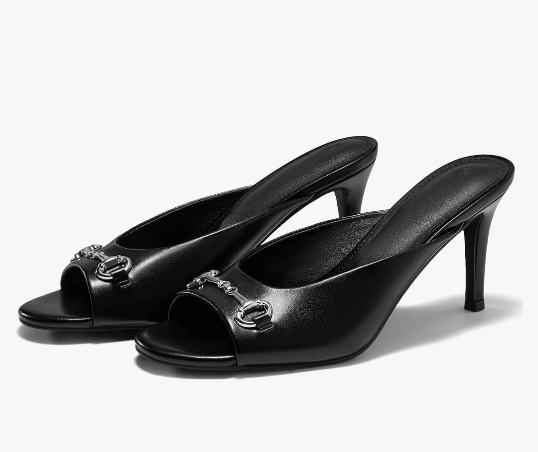 Coutgo Women's Heeled Mules Peep Toe High Heels Backless Dress Shoes Summer Slide Sandals with Metal Chain, Size 8 Coutgo Women's Heeled Mules Peep Toe High Heels Backless Dress Shoes Summer Slide Sandals with Metal Chain, Size 8