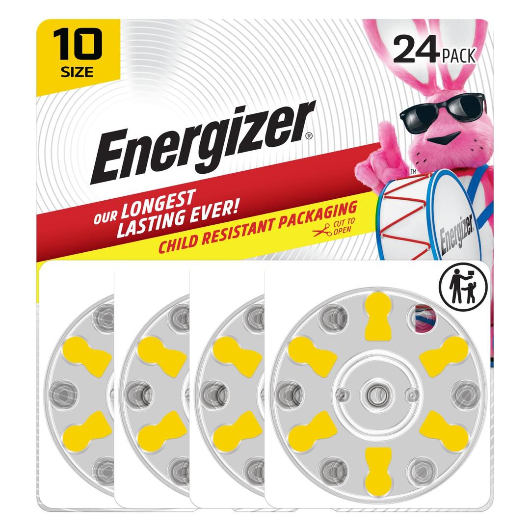 Energizer Hearing Aid Batteries Size 10, Yellow Tab, 24 Pack