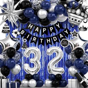 32nd Birthday Decorations for Men and Women, Black Blue Silver Happy Birthday Number 32 Balloons, Banner, Fringe Curtains Garland Kit - 32 Year Old Party Supplies
