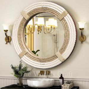Nautical Hampton Round White Rope Mirror Twisted Rope Home Decor Art Wall Hanging Mirror Coastal Cotton Rope Mirror Wall Mounted Mirror Hanging | Home Deco (24 Inch)