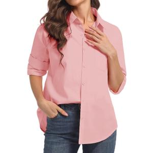 Women's Button Down Shirts, Long Sleeve Cotton Blouse for Women Casual, Collar Long Sleeve Blouse Tops for Pocket (Large, Pink)