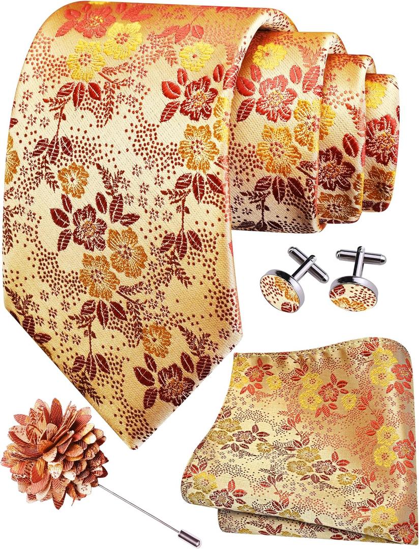 GUSLESON 3.15"8cm Mens Floral Tie and Lapel Pin Necktie Hankerchief Cufflinks Set for Men (Light Orange)