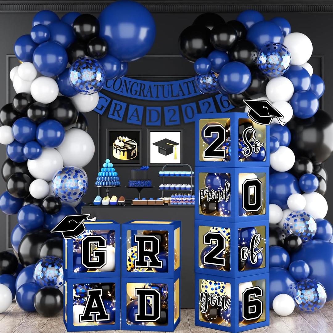 Graduation Decorations Class of 2026 - Blue Graduation Decorations Set of 4 Balloons Boxes with Balloon Arch Kit,2026 GRAD Letters So Proud of You Theme for Congrats Grad Party Supplies