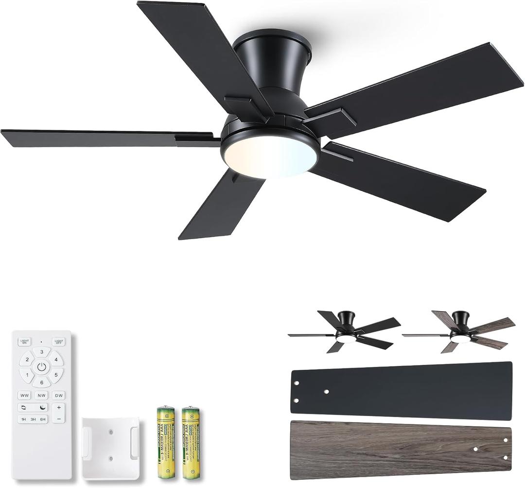 Modern Ceiling Fans with Lights - 42 inch Low Profile Ceiling Fan with Light and Remote, Flush Mount Reversible DC Motor, 6-Speed Quiet LED Dimmable for Bedroom, Indoor and Outdoor, Patios Black