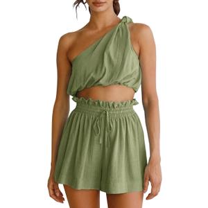 Imily Bela Womens 2 Piece Outfits Linen Matching Sets Two Piece Crop Tops and Paper Bag Waist Shorts Sets 2025 Summer Outfits (Large, Army Green)