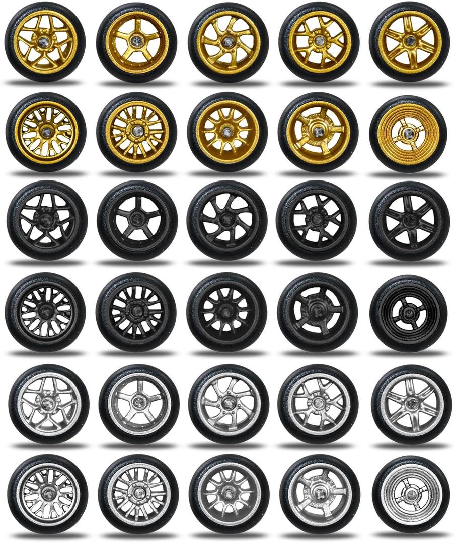 28 Set 1/64 Wheels and Tires Kit, 1:64 Scale Model Hot Wheel Rims Rubber Tires Black/Silver/Gold Color Replacement Accessories for Model Cars Upgraded and Modified