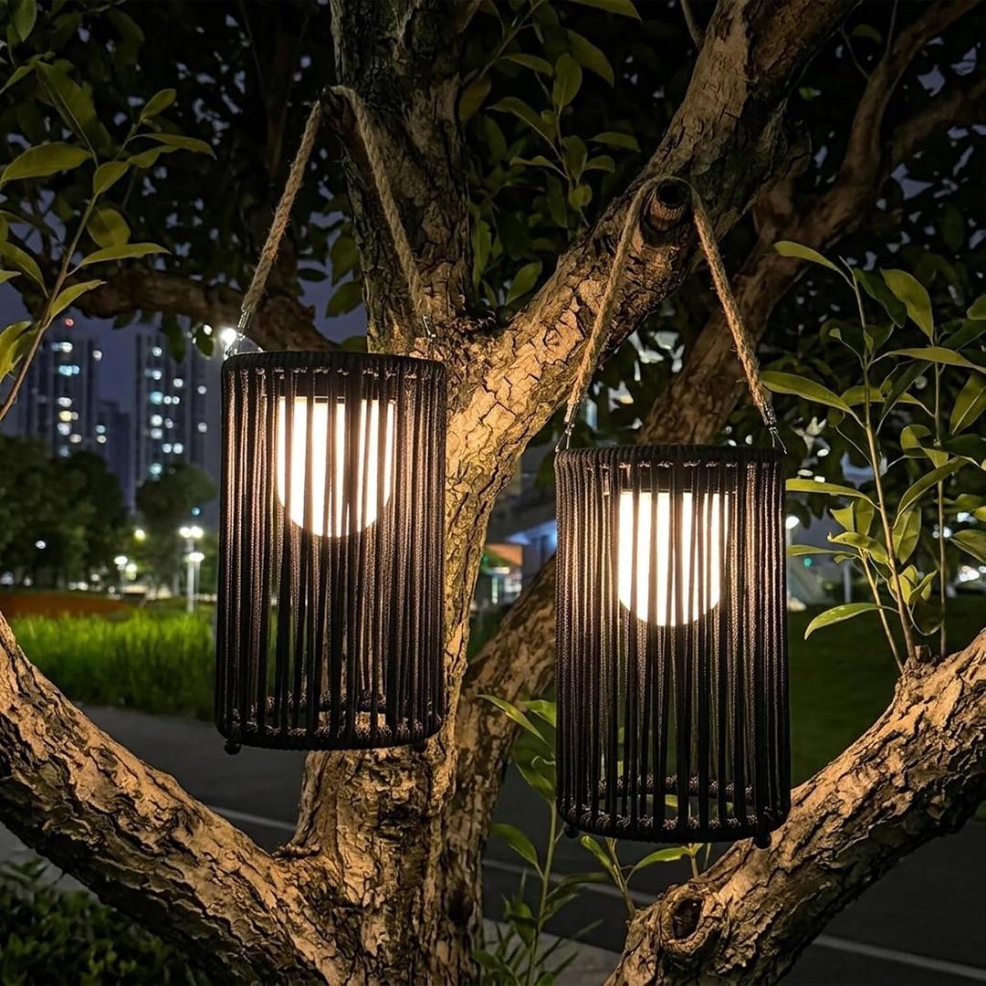 TRIROCKS 2 Set of 10.5'' High Solar Lantern Outdoor Table Lamp Outside Hanging Solar Lights with Olifen Rope Waterproof Rattan Outside Deck Light for Patio Garden Lawn Yard (Black)