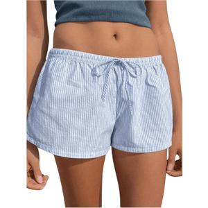 RoseSeek Women's Striped Shorts Print Drawstring Elastic Waist Shorts Casual Wide Leg Low Rise Summer Boxer Shorts (Blue)