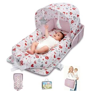 Baby Lounger with Canopy, Foldable Portable Infant Support Cushion for 0-12 Months Newborn, Soft Breathable Washable Baby Nest with Adorable Pattern, Perfect for Home Outdoor Supervised Awake Time