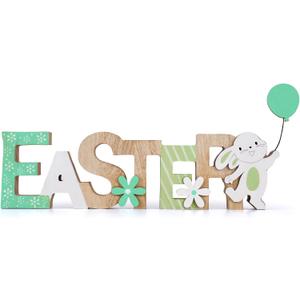 Easter Decorations Wooden Sign for Home, Farmhouse Rustic Easter Table Decor Cute Bunny with Balloon for Tiered Tray Tabletop Happy Spring Indoor Outdoor Party Decoration (Light Green)