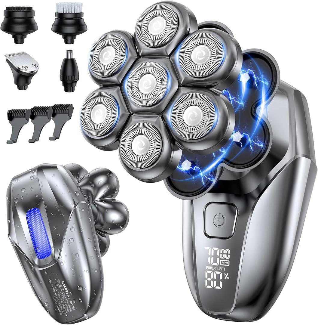 Head Shavers for Bald Men, 5-in-1 Electric Shaver Grooming Kit, 7D Floating IPX7 Waterproof Rechargeable Wet/Dry Razor for Skull Bald Head, Body Hair, with Massager, Gray (Steel Gray Silver)