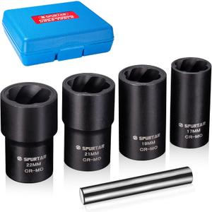 Spurtar 5 Pcs Lug Nut Removal Tool, 1/2 inch Drive Lug Nut Extractor Set Bolt Extractor Kit for Removing Damaged, Rounded, Rusted Bolts Nuts - 17mm,19mm,21mm,22mm