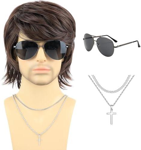 PUREHAIR Short Brown Wigs for Men - 70s 80s Natural Fluffy Heat Resistant Synthetic Hair Wig for Cosplay, Daily Use, Themed Party and Halloween (Brown)