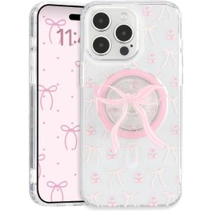 Magnetic Case for iPhone 17, 3D Pink Magnetic Stand Bowknot Phone Case, Cute Pink Clear Bow Aesthetic Design Soft Durable TPU Transparent Protective Cover for Women Girls-01