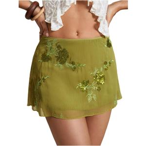 SweatyRocks Women's Sequin Mini Skirt Y2K Sparkly Beaded Floral Embroidery Skirts (Large, Green)