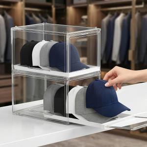 OKPOW Hat Organizer for Baseball Caps: 2 Pack Stackable Clear Display Box with Slide Drawer & Magnetic Door Holds up to 16 Caps, Dust-Free, Tool-Free Assembly