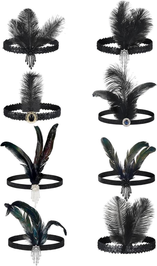 Geyoga 8 Pcs Mardi Gras Fascinators Funeral Hats Pillbox Hat with Veil Feather Headband for Women Tea Party Carnival Costume (Black)