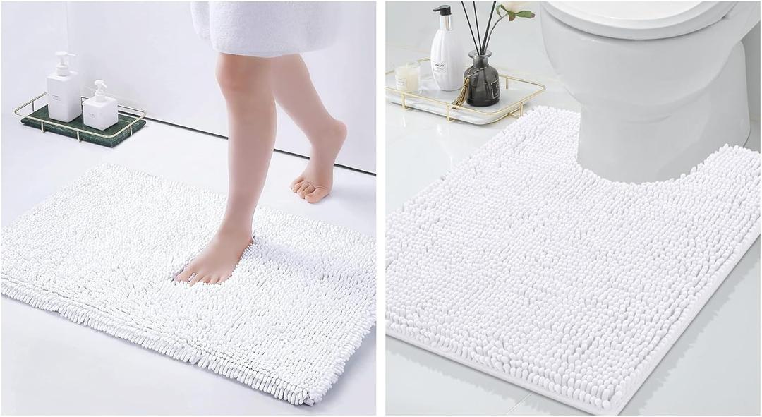 Smiry Luxury Chenille Bath Rug 30"x20" and U-Shaped Toilet Bathroom Rugs 24"x20", Extra Soft and Absorbent Shaggy Bathroom Mat Rugs, Machine Washable, Non-Slip Plush Carpet(White)