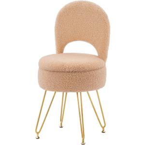 Storage Ottoman Vanity Stool Chair with Folding Back Teddy Velvet Makeup Chair Multifunctional Upholstered Footstool,4 Metal Legs with Anti-Slip Feet for Bedroom Living Room Entryway (Beige)