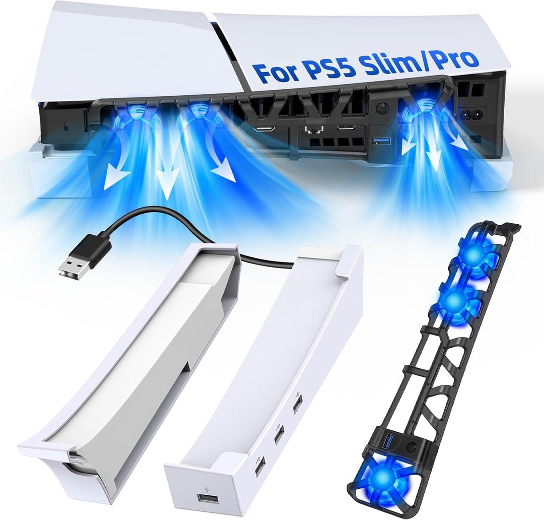 FASTSNAIL Horizontal Stand & Cooling Fan for PS5 Pro/Slim Console, Auto Fan Speed by Temperature and Controller Charger Station, Efficient Cooling System with 3 Fans, 2 USB 3.0, 3 USB 2.0 Port Hub